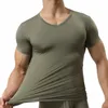 新しいメンズセクシーアイスシルクTシャツソリッドカラー男性Vネック短袖TシャツトッププラスサイズS-XXL T095＃