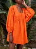 Casual Kleider VONDA Frauen Elegante Sommerkleid Einfarbig Kurze Mini Kleid 2024 Sommer Langarm Quadrat Kragen Plissee Lose Vestidos