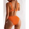 Damenbadebekleidung 2024 Sexy V-Ausschnitt Rippen Bikini Hohe Taille Badeanzug Frauen Solide Push Up Weibliche Badeanzug Set Beachwear