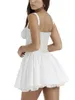 Robes décontractées femmes corset a-ligne mini robe y2k col carré sans manches dentelle garniture bustier évasé blanc graduation