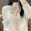 new 100% Wool Cardigan Women's Heavy Industry 3D Hooked Round Neck Thin Sweater Coat Casual Loose Knit Women's cardigan sweater E9V8#