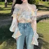 Blusas femininas estilo francês babados topos para mulheres primavera verão fada fora do ombro curto chiffon camisas de manga larga elegante blusa