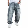 2021 Große Größe Lose Jeans Männer Denim Hosen Multi Tasche Gerade Baggy Casual Streetwear Hip Hop Marke Blau Breite Bein hosen H9DX #