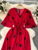 Verão Mulheres Vermelho / Amarelo / Branco / Preto Polka Dot Macacões Feminino Elegante Com Decote Em V Manga Curta Cintura Alta Perna Larga Romper Solto Novo S2zh #