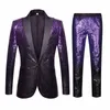 Luxury Purple paljett Slank Suit Pants Men Peak Collar One Butt Wedding 2st Suits Mens Party Prom Stage Singer Costume Homme K8kj#