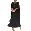 Casual Dresses Women Dress Three Quarter Bat Sleeves O Neck Layered Hem Loose Pleated Ankle Length Party