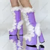 Boots Ahhlsion Faux Fur Women Winter Mid Calf Hoof Heels Round Toe Beautiful Pink Purple Light Blue Shoes Ladies US Size 5-15