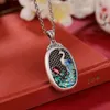 Kedjor 925 Silver Emalj Tvåsidig färgad påfågelhalsband för kvinnor Vintage Fashion Hollow Out Peony Ethnic Style Pendant Smycken