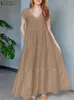 Zanzea Femme Élégant Plissé Dr Couleur Unie Manches Courtes Col En V Dres Fi Party Lg Sundr Casual Plage VestidO 2023 p6Q8 #