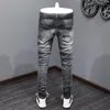 Street Fi Hommes Jeans Stretch Élastique Skinny Ripped Jeans Hommes Rétro Noir Gris Cuir Patché Designer Hip Hop Marque Pantalon u9RB #