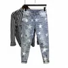 Hosen Stern Mann Cowboy Hosen abgeschnitten elastische Herren Jeans Stretch hellblau mit Druck Kleidung Y2k 2000er Jahre Frühling Herbst Mi A7GM #