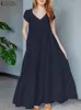 zanzea kvinna elegant veckad dr solid färg kort ärm v-ringning dres fi party lg sundr casual strand vestido 2023 p6q8#