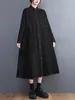 Casual Dresses 2024 Japanese Korea Style Dark Black Chic Autumn Blue Dress Office Lady Work Fashion Women Spring Midi