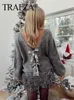 Trafza Women fi frt Sopecinded Bow Tied Cardigan Seater lg Sleeve v Neck nit Coat Grey Sweater女性通りW5B5＃