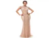 100 Real Image 2019 Champagne Short ärmar sjöjungfruklänningar med paljetter Highneck Tulle Hollow Evening Party -klänningar 54012879822