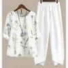 Nowe letnie zestawy dwuczęściowe Białe kwiatowe nadruk damskie stroje eleganckie panie o szyja luźna koszula z krótkim rękawem spodnie wysokie talii garnitur 23of##