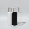 Vorratsflaschen 30 Stück 100 ml leere weiße, klare, schwarze Kunststoff-Shampoo-Flasche mit gold-silberner Scheibenoberkappe 3,4 Unzen PET-Körperwaschkosmetik