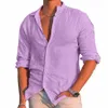 Chaud mâle été grande taille chemise solide décontracté surdimensionné ample Lg manches haut hommes col rabattu violet chemises Fi Blusa 55rd #