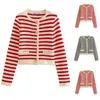 women's Ctrast Color Striped Cardigan Short Coat Round Neck Knitted Sweater Jacket Work Office-Lady Temperament Sweater Coats 40Kx#