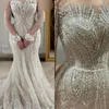 Glamourosa sereia vestidos de casamento lantejoulas beading vestidos de noiva com overskirts fino sheer manga longa feito sob encomenda vestidos de novia