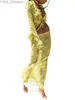 Röcke Skorts Y2k Mesh Langer Rock Set Damen 2-teiliges Ärmel Rüschen Top Figurbetontes Maxi-Outfit Durchsichtiger Cover-Up-Anzug yq240328
