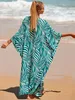 Boho vert impression robe de plage décontracté col en V manches chauve-souris côté fendu caftan 2024 femmes vêtements d'été robes maxi Q1297 240323