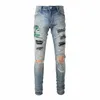 Män orm broderi jeans streetwear läder lapp stretch denim mager byxor hål rippade distrena pennbyxor 78rt#