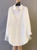 Women High quality Mesh Studded Beads Turn down Collar Dress Summer Womens White Temperament Shirt Dresses 240328
