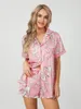 Startseite Bekleidung Damen-Pyjama-Set aus Satin mit Cartoon-Schleife, kurzärmlig, gekerbtes Revers, Oberteil mit elastischen Taillen-Shorts, Loungewear-Nachtwäsche, Zwei