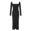 Casual jurken Puloru Vintage zwarte contrasterende kleur wikkel lange jurk lente herfst kantoor dame mouw vierkante hals rug split bodycon