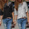 T-shirts pour femmes dames sexy couleur unie scintillant sequin brillant manches courtes lâche épaule T-shirt printemps été automne hauts à la mode