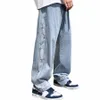 American Retro Men's Jeans Tide Marca Baggy Wed Rasgado Jeans Homens Azul Preto Denim Calças Soltas Perna Reta Calças Jeans Z2q8 #
