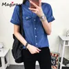 Magiray harajuku denim blus kvinnor sommar kort ärm vintage jeans skjorta femme baggy knappficka casual blusa feminina 316 240328