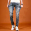 Jeans déchirés hommes été léger pantalon ajusté 2022 nouveau streetwear décontracté vintage bleu denim pantalon t1Ad #