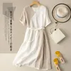 Party Dresses Pure Cotton V-Neck kortärmad klänning Kvinnor 2024 Summer Artistic Retro Lace-Up Loose Stripe Stitching Elegant Casual Long