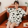 Ev Giyim Kadınları Pamuk Nightgown Pijama Set İki Parçalı İnek Baskı Kısa Kollu Sweet Giyim Düğmesi Aşağı Teps Şort Yaz