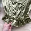 Blouses pour femmes français col en v noeud à lacets dame haut 2024 été vert croix cordon court licou chemise Satin Vintage femmes