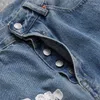 Mäns jeans broderade Kapok Men Kvinnor 1: 1 Kvalitet Vintage Nice Washed Heavy Fabric Denim