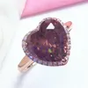 Cluster Anéis Russo 585 Anel de Ouro Roxo Banhado 14K Rosa Cor Feminino Inlay Smoky Stone Set