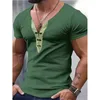 Klassische Top Herren Vintage V-Ausschnitt Kordelzug Patchwork T-shirt Casual Kurzarm Slim Fit Männer T-Shirts Sommer Freizeit Pullover U7rC #