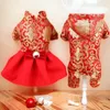 Vestuário para cães Tang Terno Onesie Ano Chinês Vestido Vermelho para Cães Usar Casamento Pet Cheongsam Roupas Pequenas