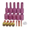 Lastoportsen Tig Long Gas Lens Collet Long Aluminal Cup Kit Fit WP 17 18 26 TIG Svetsningsfackla tillbehör Förbrukningsartiklar 19 st