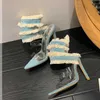 Sandals Liyke 2024 New Design Denim Ankle Snake Wrap Womens Transparent PVC Summer High Heel Party Stripper Pump H240328SFWD