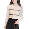 Vrouwen Blouses 2024 Lente Mode Gestreepte Ronde Hals Dunne Truien Vrouwen Gesplitst Bubble Mouw Chiffon Shirt Stijl Top