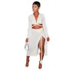 Work Dresses 2024 Top Quality Solid Chiffon Beach Dress Set V-Neck Full Sleeve Bandage Long Spit Skirt High Waist Women 2 Piece