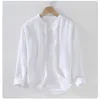 M-3XL printemps et été col montant couleur unie manches Lg Vintage hommes Streetwear chemises en lin à simple boutonnage G4m2 #