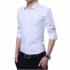 Wit Heren Lg Mouwen Single Breasted Vierkante Hals Formeel Cott Shirt Mannen Fi Slim Camisa Chemise Z7DU #