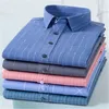 bamboo Fiber Men Shirt Lg Sleeve Elastic Anti-wrinkle Regular Fit busin Formal Social Blue Striped checkered print 4XL X4Xr#
