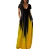 Casual Dresses Loose Fit Dress Gradient Color V Neck Maxi With Pockets Soft Breathable Summer For Women Floor Length Wear