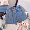 Nya 2023 damer Summer Plus Size Hot Pants for Women Stor storlek Loose Blue Cott Hole Pocket Denim Shorts 3XL 4XL 5XL 6XL 7XL 52WH#